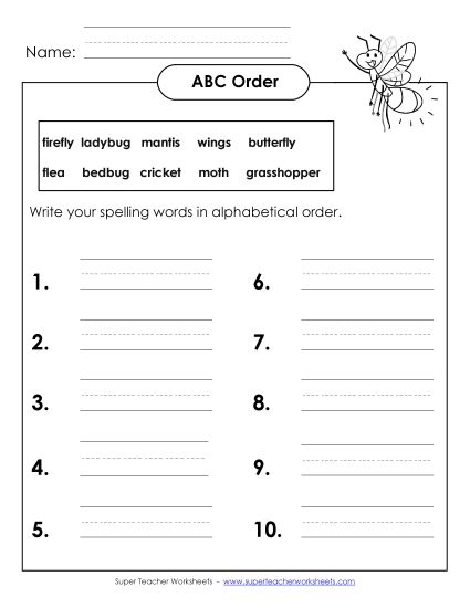 ABC Order - ABC Order: Write List (B-Insect Words)  (Printable PDF Worksheet)