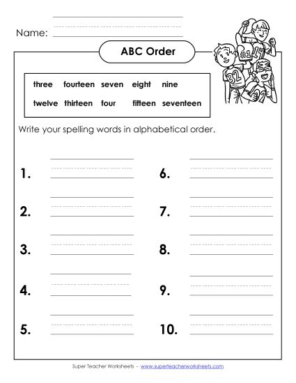 ABC Order - ABC Order: Write List (B-Number Words) (Printable PDF Worksheet)