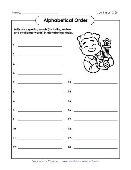 Alphabetical Order - ABC Order: Write List (C-20) (Printable PDF Worksheet)