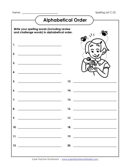 Alphabetical Order - ABC Order: Write List (C-25) (Printable PDF Worksheet)