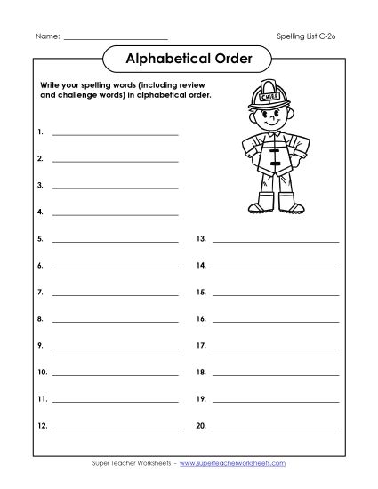 Alphabetical Order - ABC Order: Write List (C-26) (Printable PDF Worksheet)