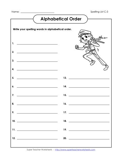 Alphabetical Order - ABC Order: Write List (C-3)  (Printable PDF Worksheet)