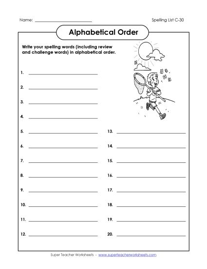 Alphabetical Order - ABC Order: Write List (C-30) (Printable PDF Worksheet)
