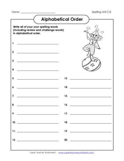 Alphabetical Order - ABC Order: Write List (C-8) (Printable PDF Worksheet)