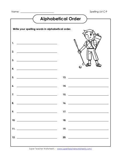 Alphabetical Order - ABC Order: Write List (C-9) (Printable PDF Worksheet)