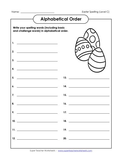Alphabetical Order - ABC Order: Write List (C-Easter)  (Printable PDF Worksheet)