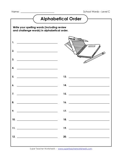 ABC Order - ABC Order: Write List (C-School Words)  (Printable PDF Worksheet)