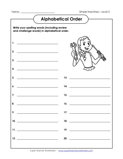 ABC Order - ABC Order: Write List (C-Simple Machines Words)  (Printable PDF Worksheet)