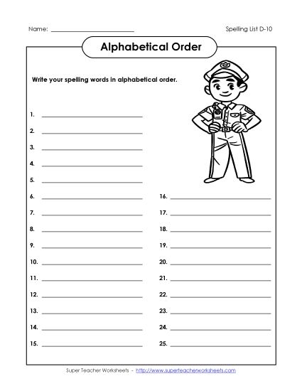 Alphabetical Order - ABC Order: Write List (D-10) (Printable PDF Worksheet)