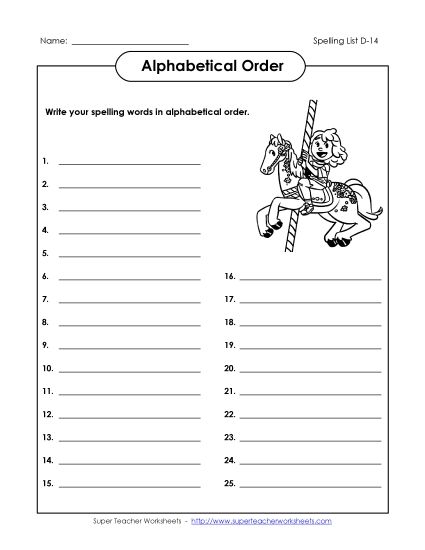 Alphabetical Order - ABC Order: Write List (D-14) (Printable PDF Worksheet)