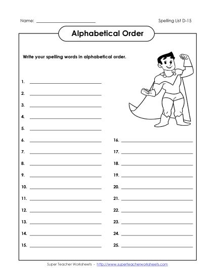 Alphabetical Order - ABC Order: Write List (D-15) (Printable PDF Worksheet)