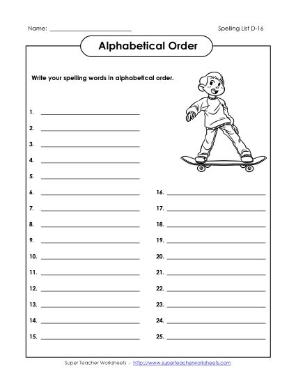 Alphabetical Order - ABC Order: Write List (D-16) (Printable PDF Worksheet)