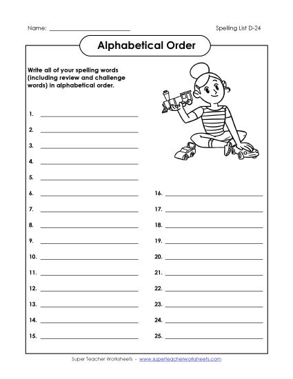 Alphabetical Order - ABC Order: Write List (D-24) (Printable PDF Worksheet)