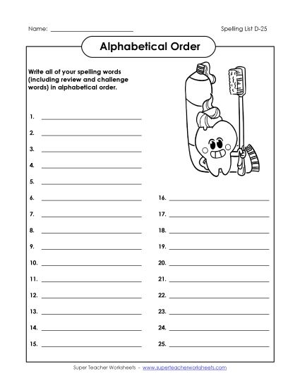 Alphabetical Order - ABC Order: Write List (D-25) (Printable PDF Worksheet)