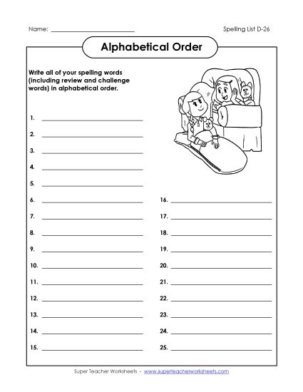 Alphabetical Order - ABC Order: Write List (D-26) (Printable PDF Worksheet)