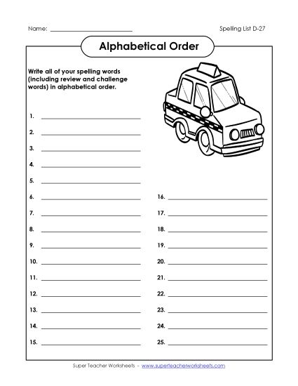 Alphabetical Order - ABC Order: Write List (D-27) (Printable PDF Worksheet)