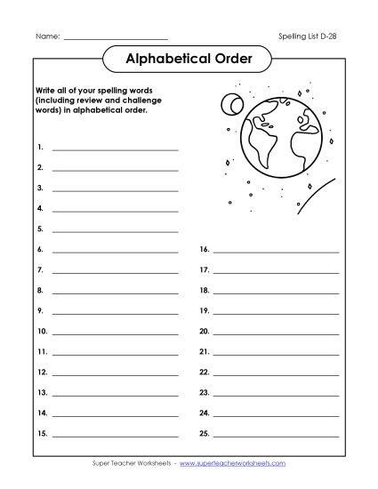 Alphabetical Order - ABC Order: Write List (D-28) (Printable PDF Worksheet)