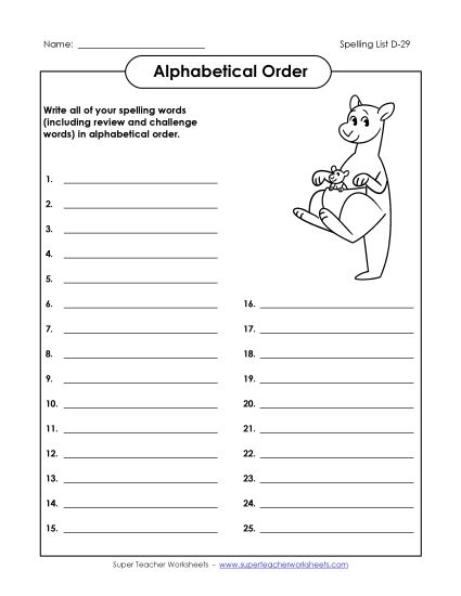 Alphabetical Order - ABC Order: Write List (D-29) (Printable PDF Worksheet)