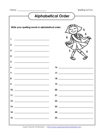 Alphabetical Order - ABC Order: Write List (D-6) (Printable PDF Worksheet)