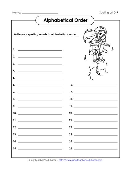 Alphabetical Order - ABC Order: Write List (D-9) (Printable PDF Worksheet)