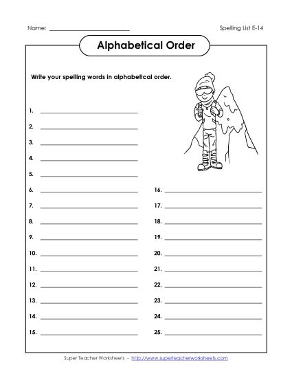 Alphabetical Order - ABC Order: Write List (E-14) (Printable PDF Worksheet)