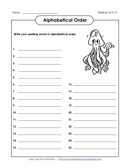 Alphabetical Order - ABC Order: Write List (E-15) (Printable PDF Worksheet)