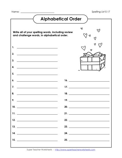 Alphabetical Order - ABC Order: Write List (E-17) (Printable PDF Worksheet)