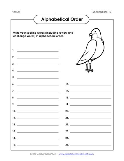 Alphabetical Order - ABC Order: Write List (E-19) (Printable PDF Worksheet)