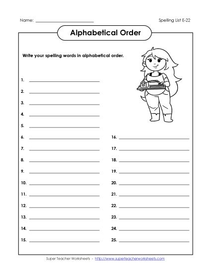 Alphabetical Order - ABC Order: Write List (E-22) (Printable PDF Worksheet)