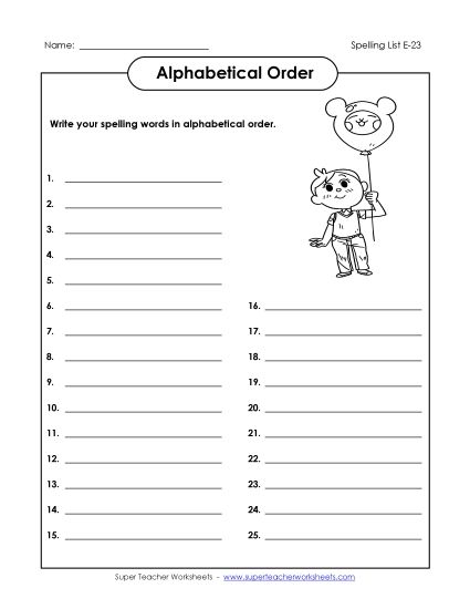Alphabetical Order - ABC Order: Write List (E-23) (Printable PDF Worksheet)