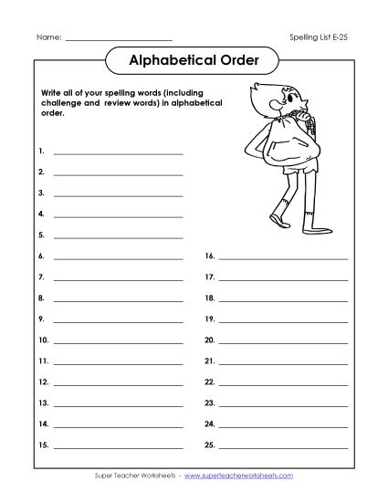 Alphabetical Order - ABC Order: Write List (E-25) (Printable PDF Worksheet)