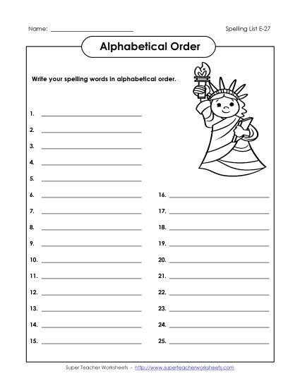 Alphabetical Order - ABC Order: Write List (E-27) (Printable PDF Worksheet)