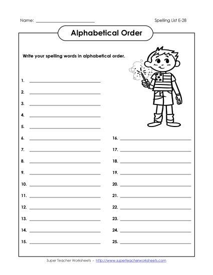 Alphabetical Order - ABC Order: Write List (E-28) (Printable PDF Worksheet)