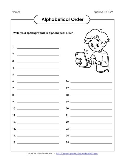 Alphabetical Order - ABC Order: Write List (E-29)  (Printable PDF Worksheet)