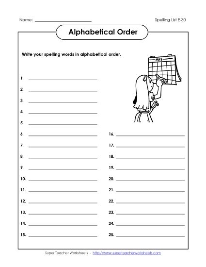 Alphabetical Order - ABC Order: Write List (E-30) (Printable PDF Worksheet)