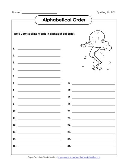 Alphabetical Order - ABC Order: Write List (E-9) (Printable PDF Worksheet)