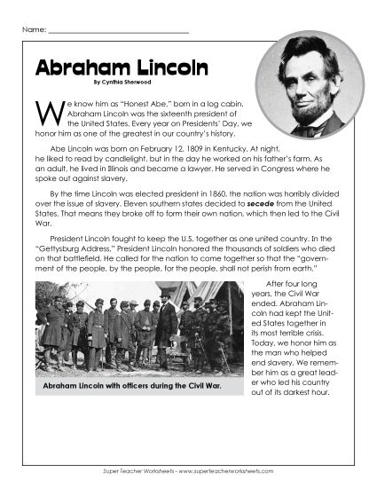 Reading Comprehension - Abraham Lincoln Bio (Printable PDF Worksheet)