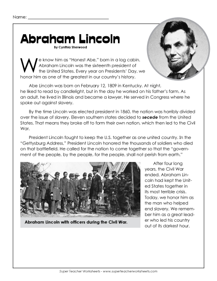 Reading Comprehension Passages - Abraham Lincoln Biographical Passage (Printable PDF Worksheet)