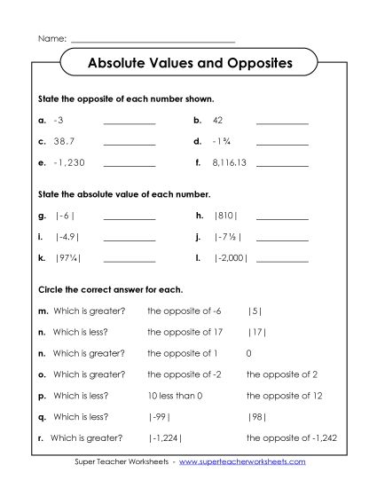 Absolute Value and Opposites - Absolute Value & Opposites (Printable PDF Worksheet)