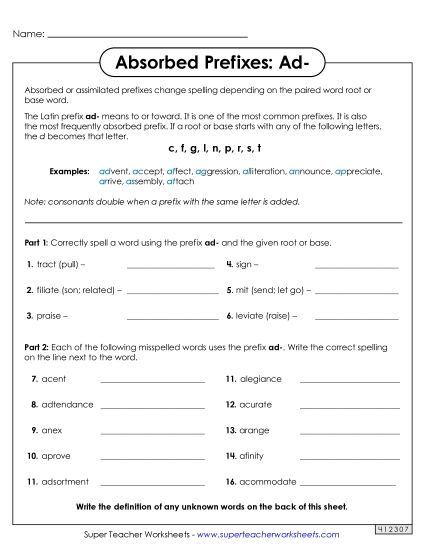 Absorbed Prefixes - Absorbed Prefixes: Ad- (Printable PDF Worksheet)