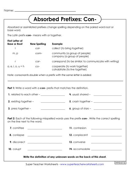 Absorbed Prefixes - Absorbed Prefixes: Con- (Printable PDF Worksheet)