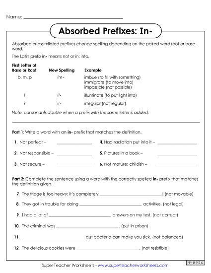 Absorbed Prefixes - Absorbed Prefixes: In- (Printable PDF Worksheet)