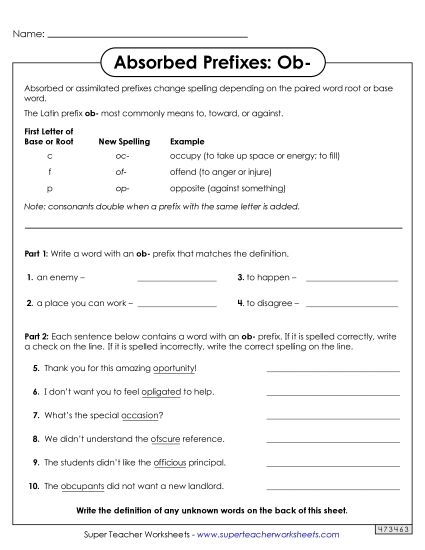 Absorbed Prefixes - Absorbed Prefixes: Ob- (Printable PDF Worksheet)