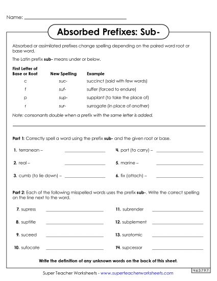 Absorbed Prefixes - Absorbed Prefixes: Sub- (Printable PDF Worksheet)