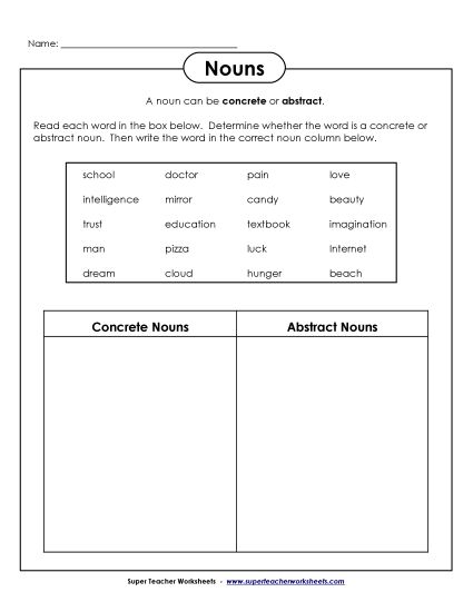 Abstract and Concrete Nouns - Abstract and Concrete Nouns: T-Chart (Printable PDF Worksheet)