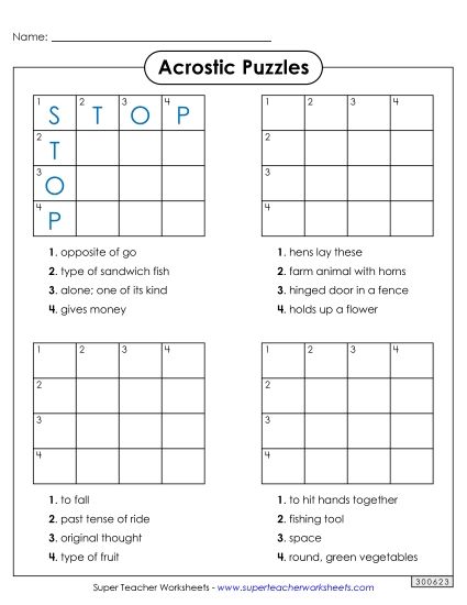 Word Challenges - Acrostic Squares (Easy) (Printable PDF Worksheet)