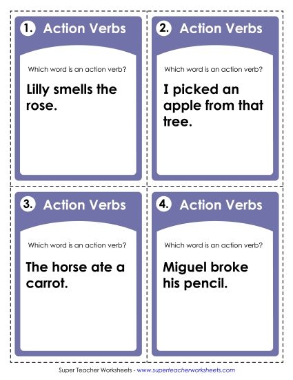 Basic Action Verbs - Action Verb Task Cards (Printable PDF Worksheet)