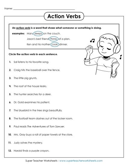 Basic Action Verbs - Action Verb Worksheet (Printable PDF Worksheet)