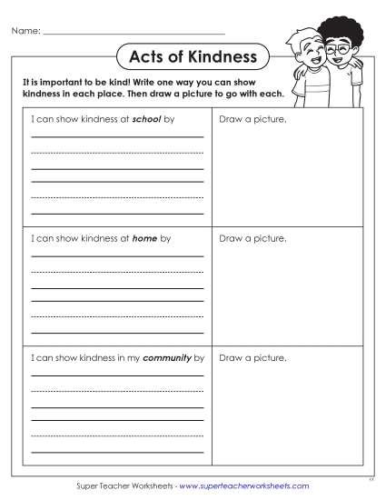 Kindness - Acts of Kindness: Examples and Pictures (Primary Lines) (Printable PDF Worksheet)