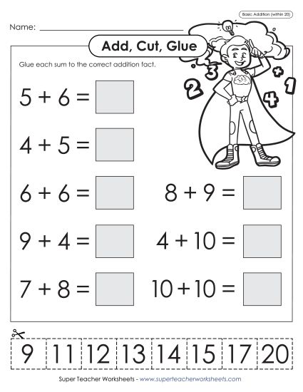 Addition Worksheets & Games - Add, Cut, Glue (Addends Up to 10; Sums to 20) (Printable PDF Worksheet)